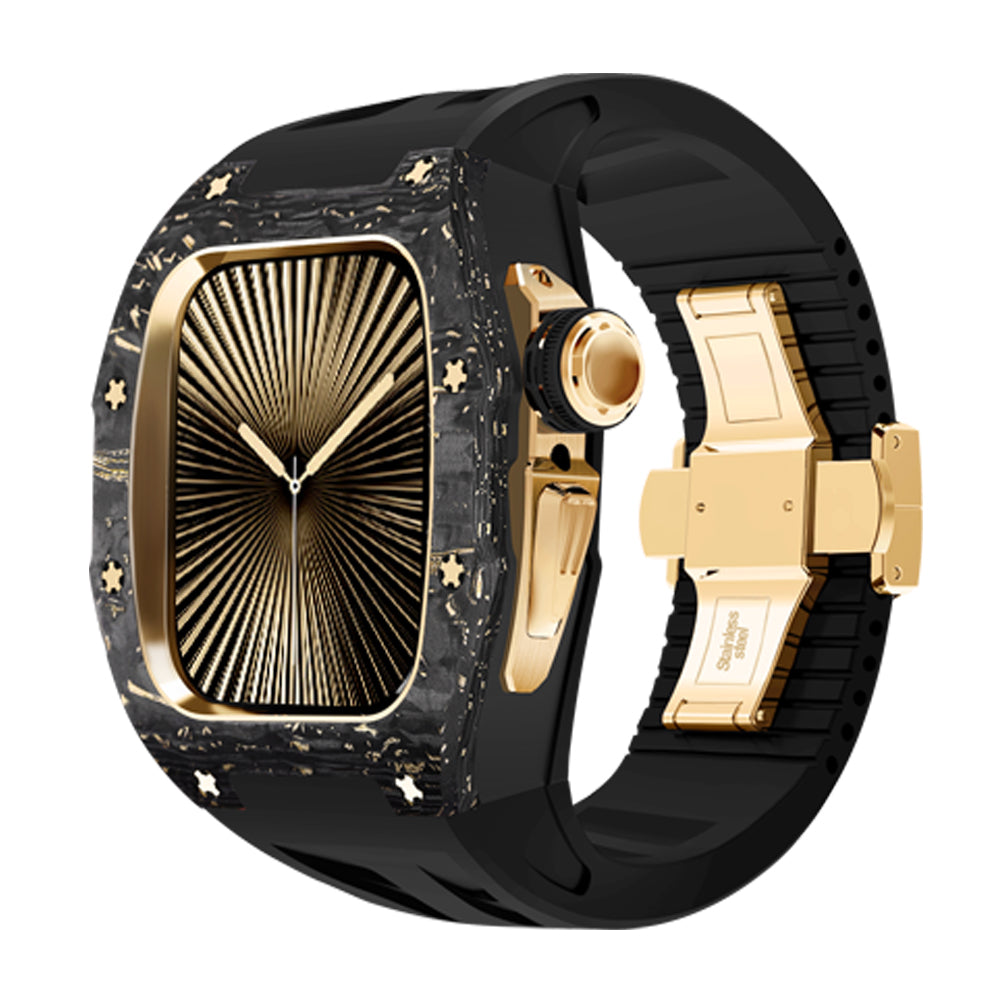 Ken Sailor CF-G Black Gold forged carbon Apple Watch case premium
Forged carbon Apple Watch case with black strap and gold butterfly clasp
Luxury black strap Apple Watch carbon edition by Ken Sailor
CF-G Black Gold performance Apple Watch strap and case mod
High-end forged carbon Apple Watch customization in black and gold