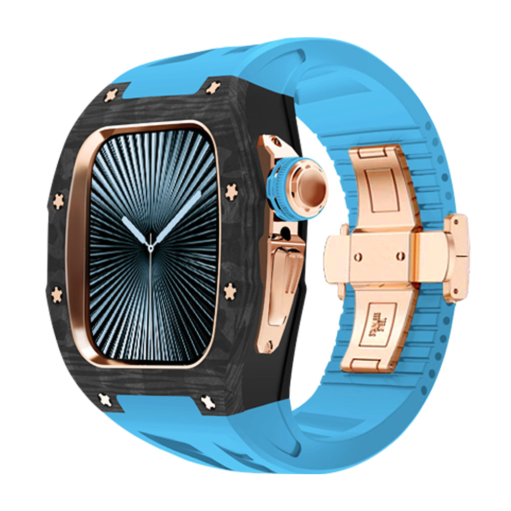 Ken Sailor CF Blue smartwatch with forged carbon-style bezel, rose gold hardware and clasp, blue silicone sport strap, premium aftermarket smartwatch case upgrade for fashion and active wear; carbon texture bezel with blue crown accent and luxury contrast finish