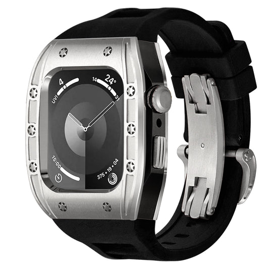 S3 dual-tone silver and black protective alloy housing with black silicone band for Apple Watch Ultra. Rugged, tactical, and premium metal clasp hardware.