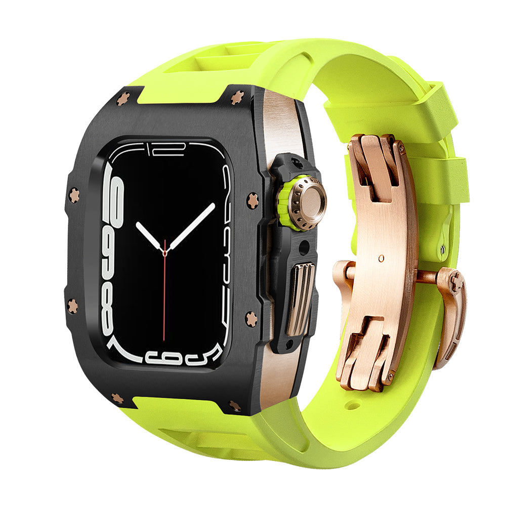 High-contrast Ken Sailor T Series Apple Watch conversion case featuring a matte black bezel, rose gold mechanical-style hardware, fluorescent rubber strap, coordinated rose crown and deployment clasp, designed to transform the Apple Watch into a bold performance-luxury hybrid