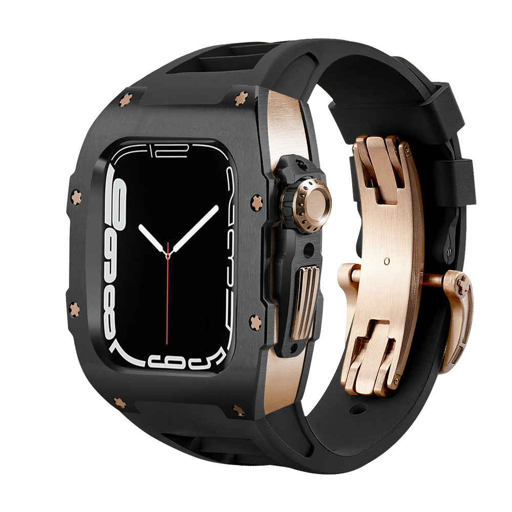 Ken Sailor T Series Black Rose conversion case for Apple Watch featuring brushed black bezel, rose gold hardware, mechanical crown guards, black sport rubber deployment strap and premium luxury styling