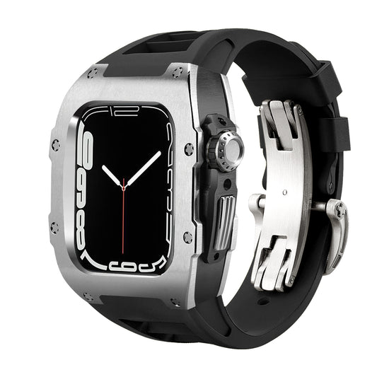 Ken Sailor T Series Black Silver smartwatch chassis for Apple Watch featuring a brushed stainless steel case, black performance rubber strap, precision-machined side crown, fold-lock stainless clasp and industrial motorsport aesthetic — designed for Apple Ultra and standard watch models.