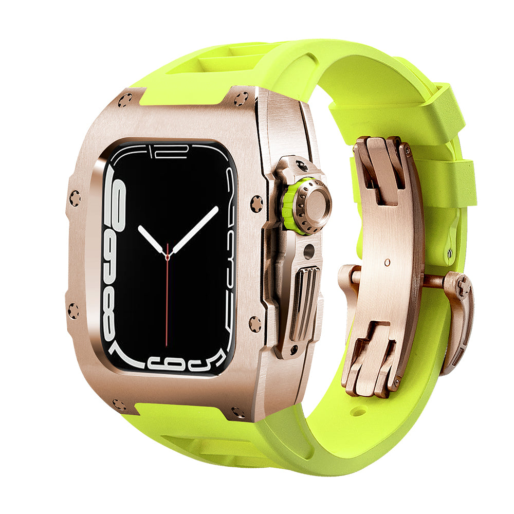Ken Sailor T Series Rose/Black Fluo Green Apple Watch conversion case featuring a brushed rose gold chassis, black inner body structure, fluorescent green rubber strap, neon crown detail and stainless deployment clasp for a luxury sport aesthetic