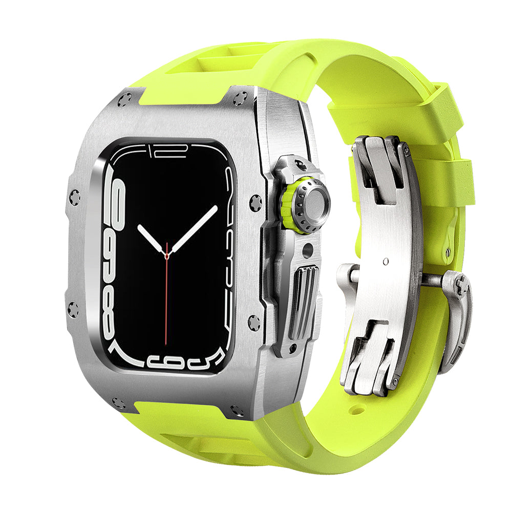 Ken Sailor T Series Silver Fluo Green conversion case for Apple Watch featuring brushed silver metal housing, neon green sport rubber strap, matching green crown bezel, stainless deployment clasp and sporty modern luxury styling
