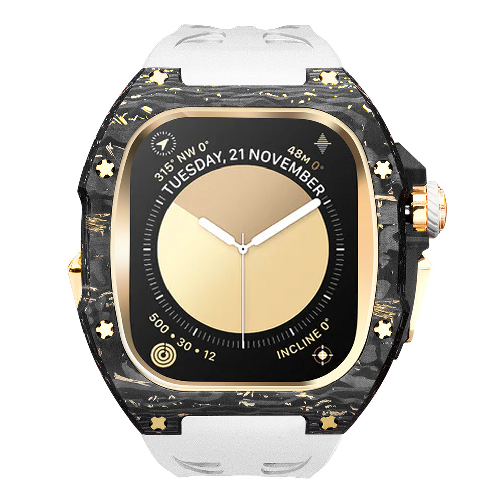 Ken Sailor CF-G White forged carbon Apple Watch case with gold hardware and white silicone strap