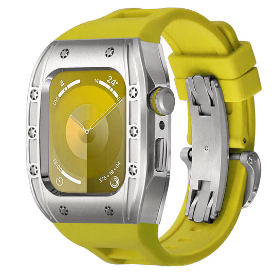 Aluminum alloy smartwatch protective case with yellow silicone sport band, stainless steel clasp, and reinforced crown design shown on display as Ken Sailor S3 Silver Case Yellow Band.