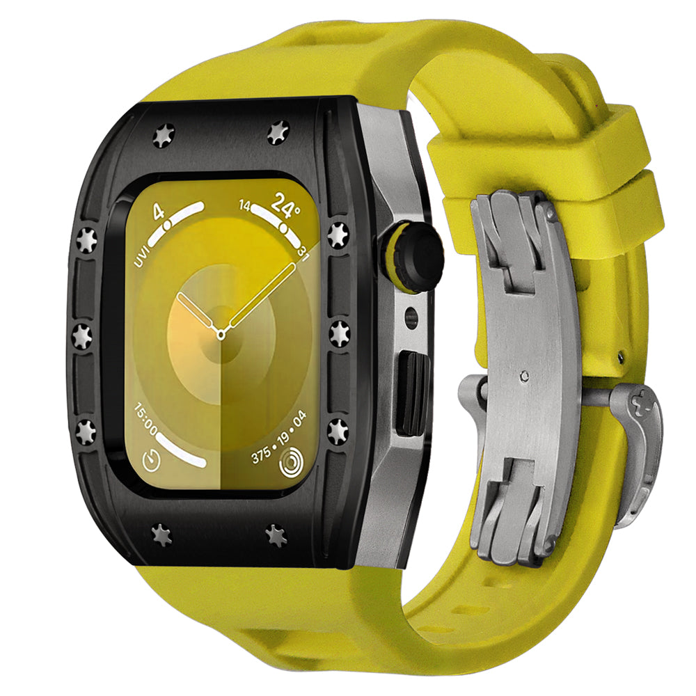 Black bezel and silver alloy smartwatch protective case with yellow silicone strap and stainless steel buckle, shown as Ken Sailor S3 Black Bezel Silver Body Yellow Band upgrade for Apple Watch Ultra.