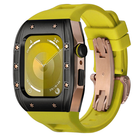 Black bezel with rose alloy smartwatch body and yellow silicone strap featuring metallic clasp, displayed as Ken Sailor S3 Black Bezel Rose Body Yellow Band protective case for Apple Watch Ultra