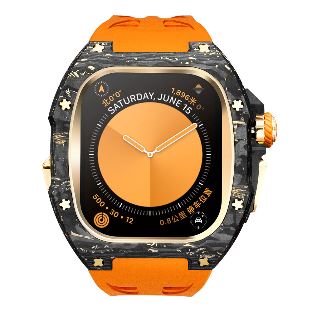 Front view of Ken Sailor CF-G Orange forged carbon Apple Watch conversion with gold bezel and solar orange strap, luxury motorsport design.