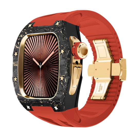 Ken Sailor CF-G Red Gold forged carbon Apple Watch case
Ken Sailor CF-G Red Gold luxury Apple Watch mod
Forged carbon Apple Watch case with red strap and gold hardware
Performance red silicone Apple Watch strap with butterfly clasp
Ken Sailor CF-G Series Red Gold Apple Watch accessory