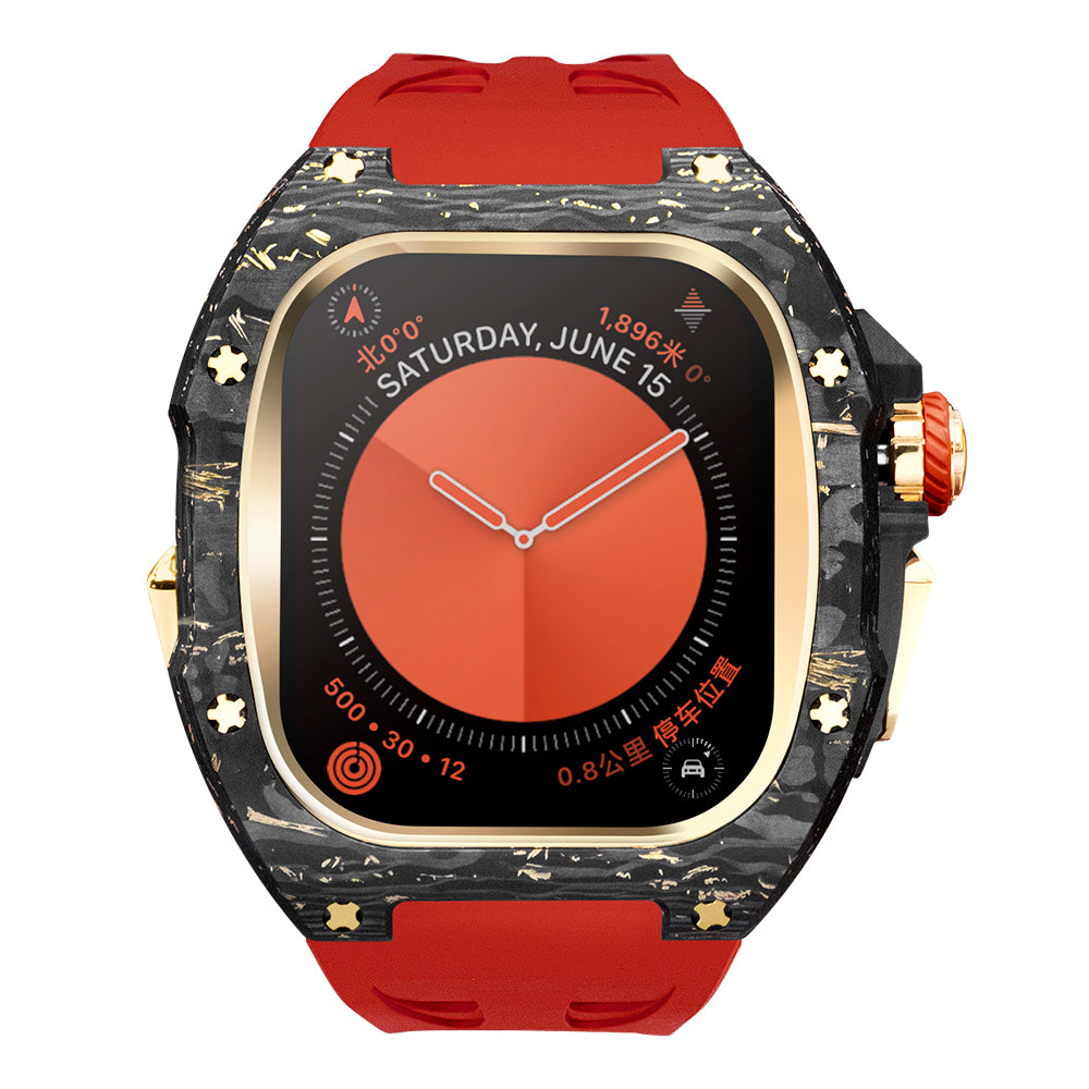 Ken Sailor CF-G Red forged carbon Apple Watch case with gold hardware and red performance silicone strap