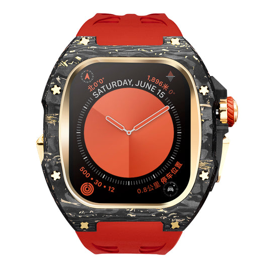 Ken Sailor CF-G Red forged carbon Apple Watch case with gold hardware and red performance silicone strap