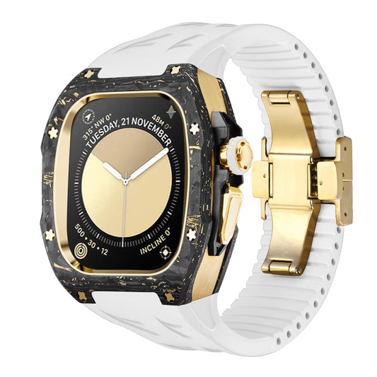 Ken Sailor CF-G White forged carbon Apple Watch case with gold hardware and white performance silicone strap, angled side view.