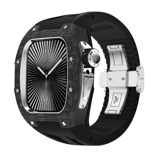 Ken Sailor CF Black smartwatch configuration featuring forged carbon-style bezel, precision silver hardware clasp system, black silicone performance strap, silver crown detail, unisex sport-luxury smartwatch accessory emphasizing carbon texture, stealth black styling, and aftermarket case upgrade for enhanced durability and premium appearance