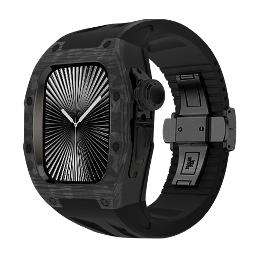 Ken Sailor CF Black smartwatch configuration featuring forged carbon-style bezel, blackout hardware clasp system, black crown, black silicone performance strap, monochrome tactical styling, unisex sport-luxury smartwatch accessory emphasizing forged carbon texture and stealth aesthetics for aftermarket watch customization