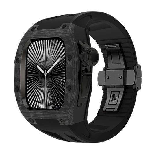 Ken Sailor CF Black smartwatch configuration featuring forged carbon-style bezel, blackout hardware clasp system, black crown, black silicone performance strap, monochrome tactical styling, unisex sport-luxury smartwatch accessory emphasizing forged carbon texture and stealth aesthetics for aftermarket watch customization