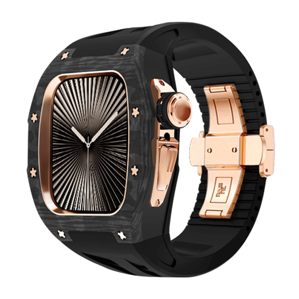 Ken Sailor CF Black smartwatch configuration with forged carbon-style bezel, rose gold hardware clasp system, rose crown detailing, black silicone strap, luxury sport-lifestyle styling, unisex smartwatch accessory emphasizing forged carbon texture and premium rose finishing for aftermarket customization