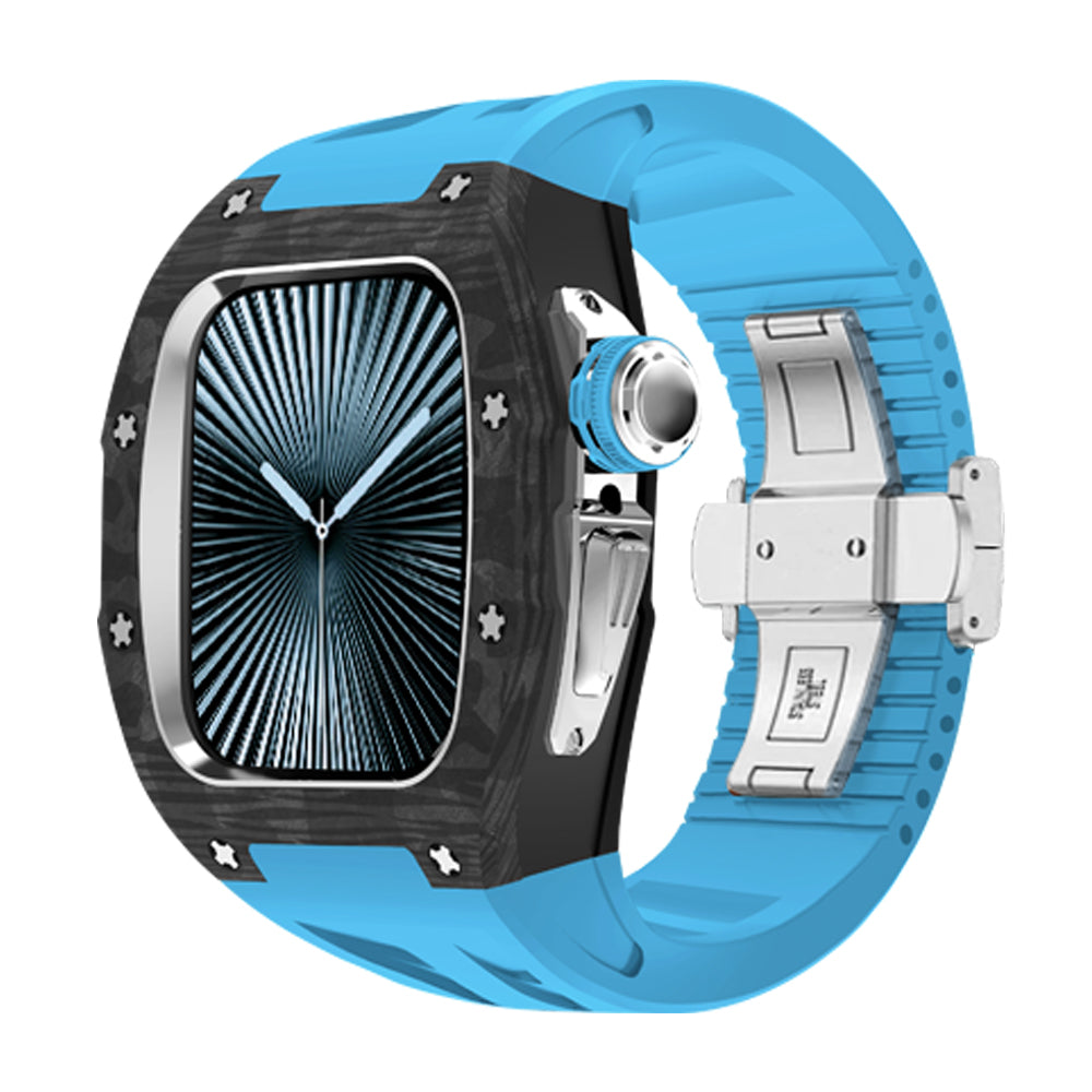 Ken Sailor CF Blue smartwatch case with forged carbon-style bezel, silver hardware and clasp, blue silicone sport strap, aftermarket smartwatch accessory for lifestyle, fitness and fashion use; carbon bezel detail with blue crown accent and bold strap finish
