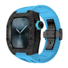 Ken Sailor CF Blue smartwatch featuring forged carbon-style bezel with black tactical hardware, blue silicone sport strap, aftermarket smartwatch case upgrade with carbon texture, matching blue crown detail and black clasp, designed for versatile athletic wear and modern lifestyle aesthetics, unisex sporty smartwatch customization with rugged visual identity