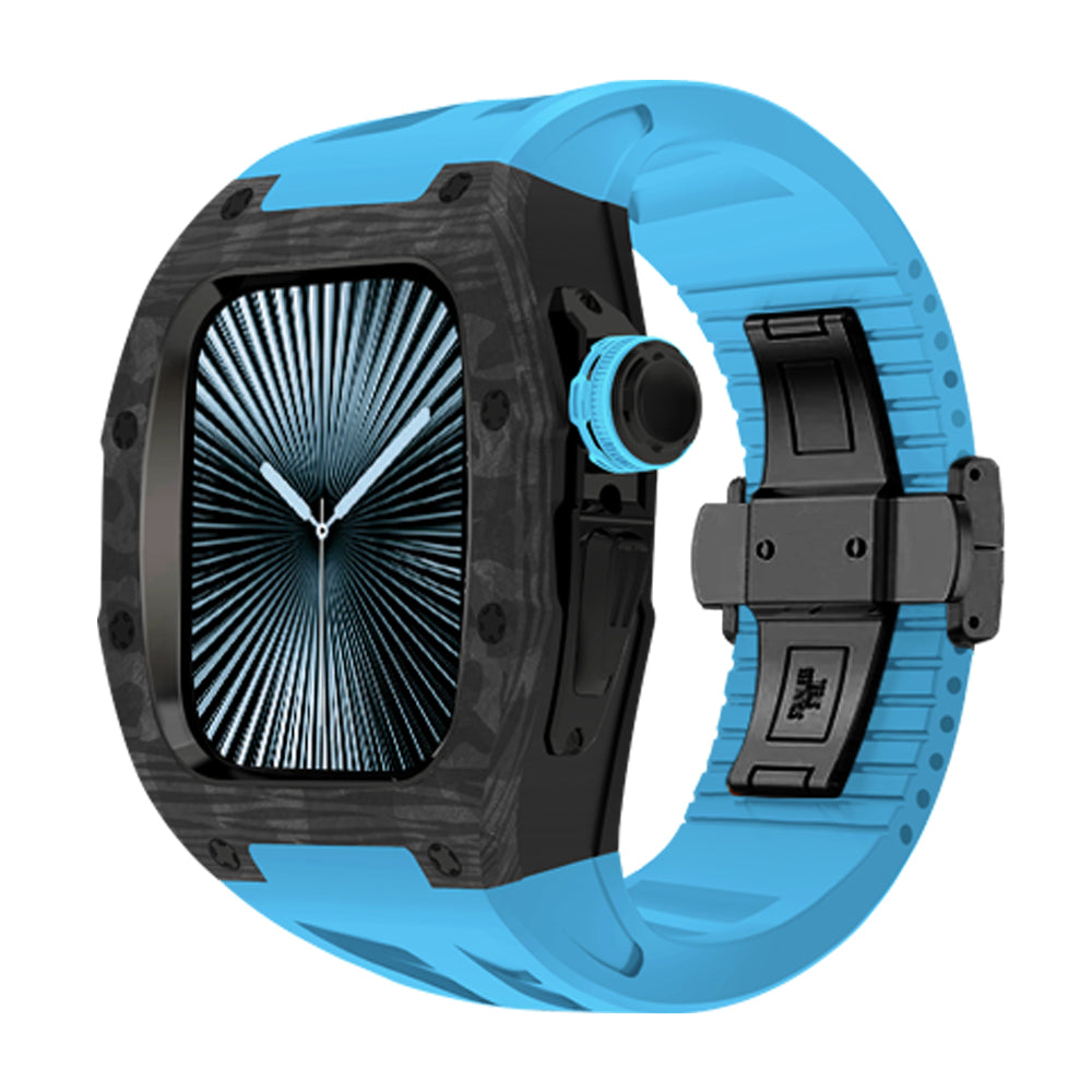 Ken Sailor CF Blue smartwatch featuring forged carbon-style bezel with black tactical hardware, blue silicone sport strap, aftermarket smartwatch case upgrade with carbon texture, matching blue crown detail and black clasp, designed for versatile athletic wear and modern lifestyle aesthetics, unisex sporty smartwatch customization with rugged visual identity