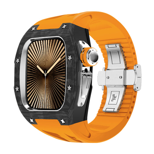 Ken Sailor CF Orange forged carbon-style smartwatch with silver hardware and orange silicone strap, unisex sport wearable accessory for lifestyle and fitness use, premium aftermarket smartwatch upgrade with carbon bezel texture and bright accent strap
