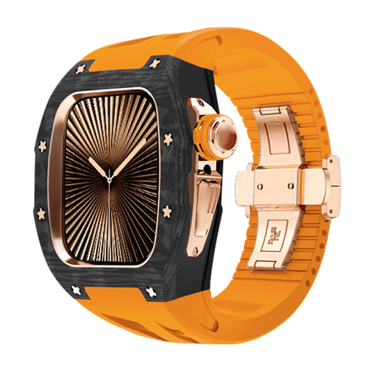 Ken Sailor CF Orange smartwatch case with forged carbon-style bezel, rose gold hardware, and orange silicone sport strap; premium aftermarket smartwatch accessory for lifestyle, training, and unisex fashion use; carbon texture bezel with rose crown and deployment clasp