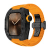 Ken Sailor CF Orange smartwatch featuring forged carbon-style bezel with black tactical hardware, orange silicone sport strap, aftermarket smartwatch case upgrade with carbon texture, black crown detail and black clasp, designed for active lifestyle durability and modern sporty aesthetics