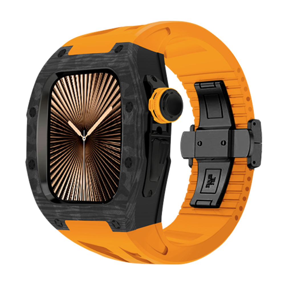 Ken Sailor CF Orange smartwatch featuring forged carbon-style bezel with black tactical hardware, orange silicone sport strap, aftermarket smartwatch case upgrade with carbon texture, black crown detail and black clasp, designed for active lifestyle durability and modern sporty aesthetics