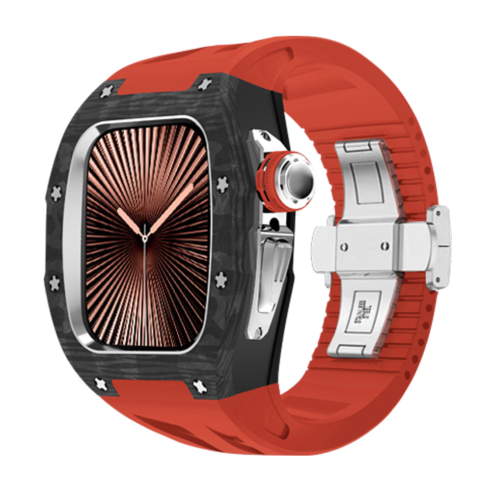 Ken Sailor CF Red smartwatch featuring a forged carbon-style bezel with silver performance hardware, red silicone sport strap, textured sporty aftermarket smartwatch case upgrade with bold red crown detail and silver clasp, designed for athletic lifestyle and daily wear, unisex rugged smartwatch customization with modern tactical elements
