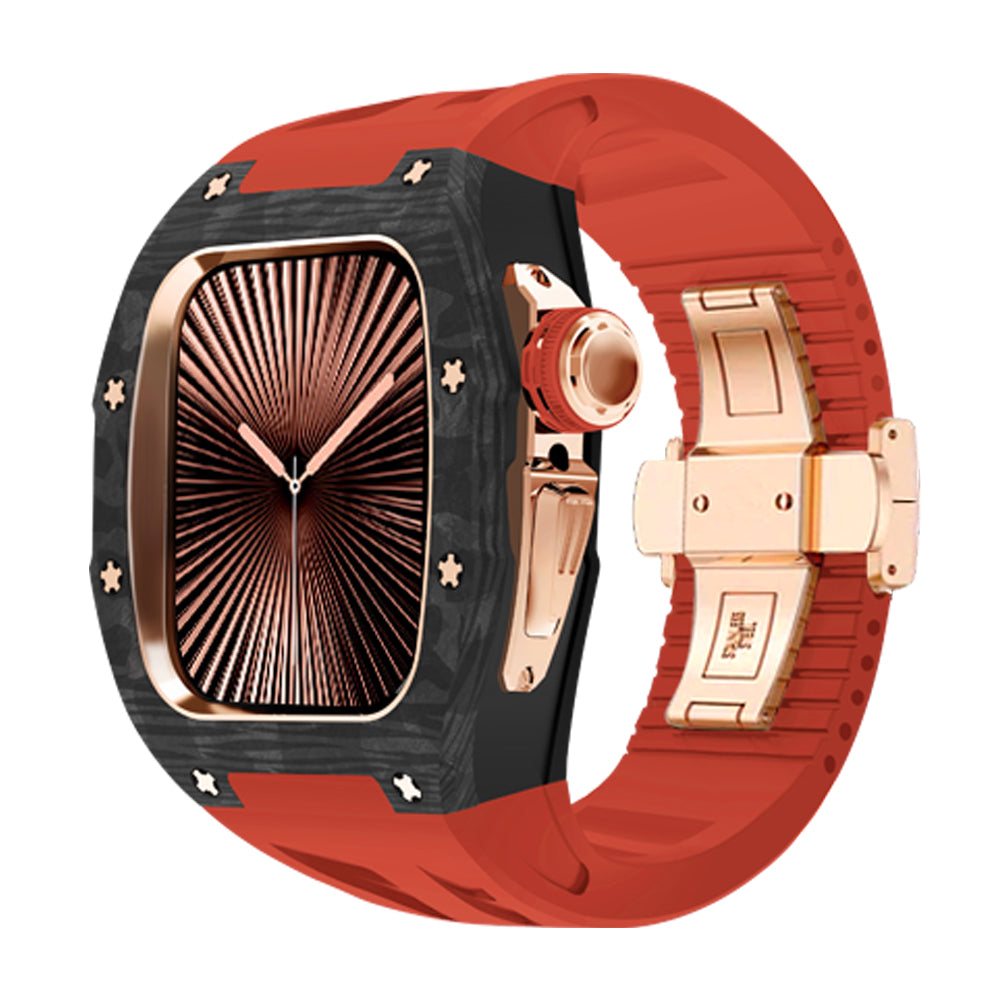 Ken Sailor CF Red smartwatch featuring forged carbon-style bezel, premium rose hardware clasp system, red silicone strap, rose crown accent, unisex sport-luxury smartwatch accessory, aftermarket carbon case upgrade, performance watch strap design with bold red and rose aesthetic for lifestyle and active wear