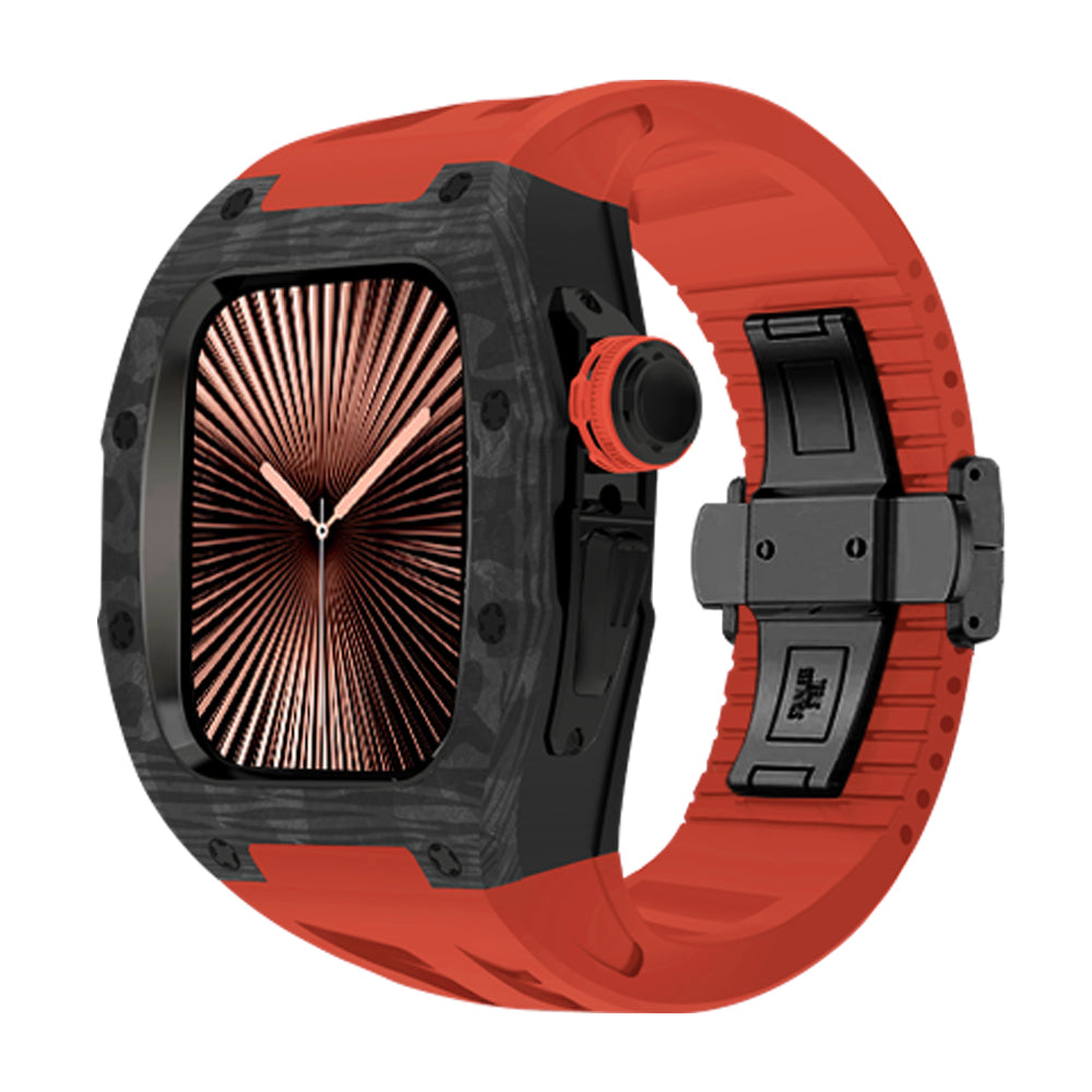 Ken Sailor CF Red smartwatch with forged carbon-style bezel, tactical black hardware clasp, red silicone performance strap, black crown accent and carbon texture case, unisex aftermarket smartwatch upgrade built for lifestyle and sport environments, rugged modern smartwatch customization with bold red and black styling