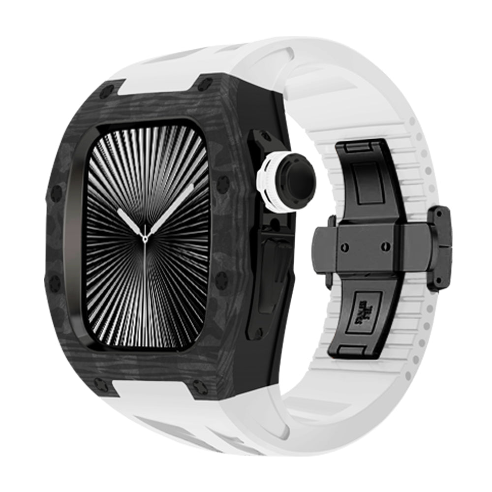 Ken Sailor CF White smartwatch configuration featuring forged carbon-style bezel, matte black crown and clasp, white silicone strap, modern utility aesthetic, unisex premium smartwatch accessory with carbon pattern detailing and stealth hardware contrast for aftermarket customization and elevated styling
