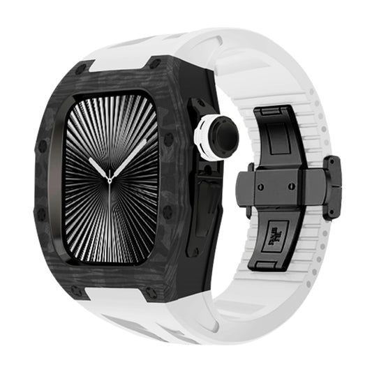 Ken Sailor CF White smartwatch configuration featuring forged carbon-style bezel, matte black crown and clasp, white silicone strap, modern utility aesthetic, unisex premium smartwatch accessory with carbon pattern detailing and stealth hardware contrast for aftermarket customization and elevated styling