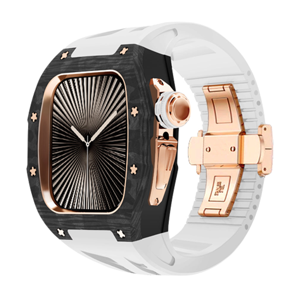 Ken Sailor CF White smartwatch configuration with forged carbon-style bezel, rose gold hardware crown and clasp, white silicone strap, luxury sport premium unisex smartwatch accessory featuring carbon texture detailing and warm metallic contrast for refined aftermarket customization and elevated street-to-business styling