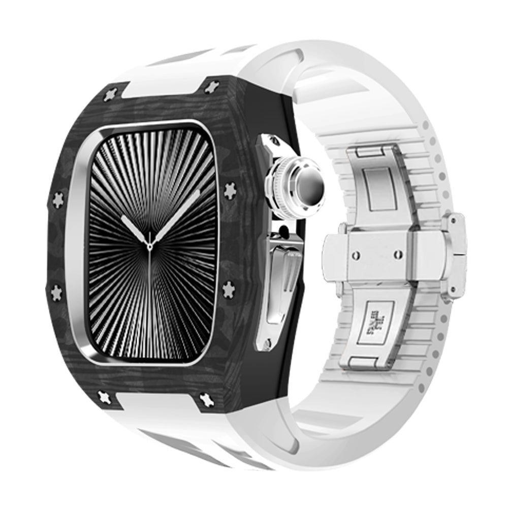 Ken Sailor CF White smartwatch setup with forged carbon-style bezel, polished silver crown and clasp, white silicone strap, clean modern sport aesthetic, unisex premium smartwatch accessory emphasizing forged carbon texture and silver metal accents for aftermarket customization and luxury styling