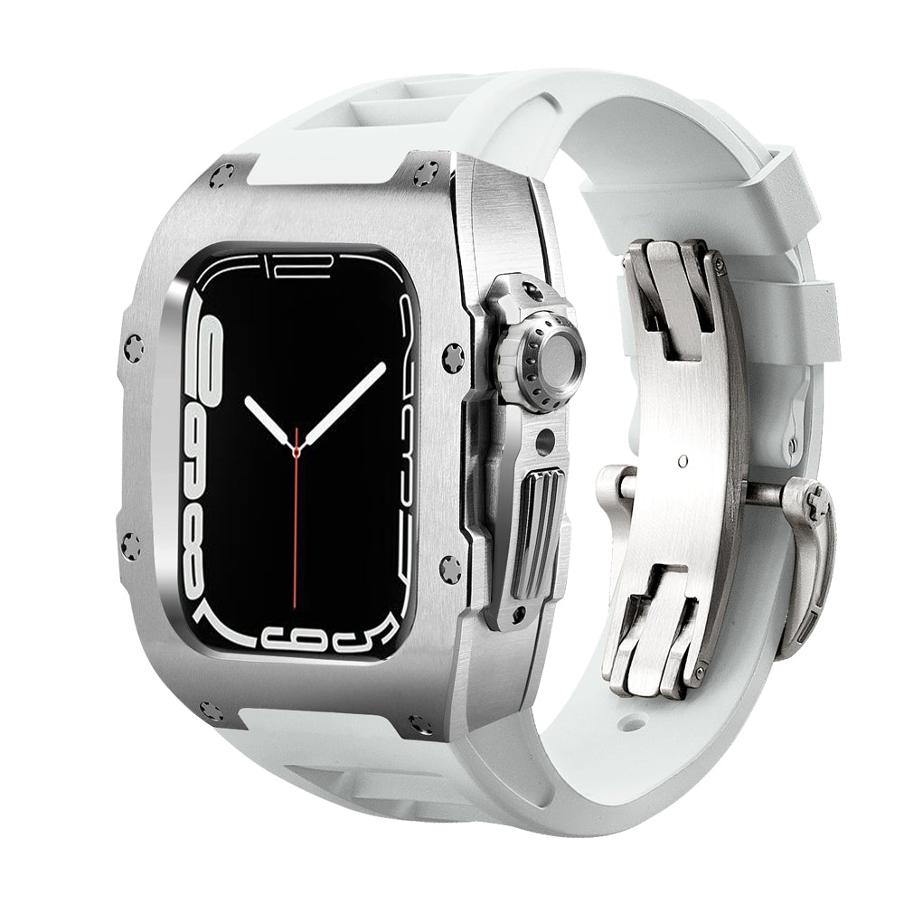 Ken Sailor, Ken Sailor T, T Series, Silver Case, White Band, Apple Watch Case, Apple Watch Ultra, Ultra 49mm, Ultra Accessories, Smartwatch Case, Deployment Clasp, Men's Fashion, Gift For Him, Luxury Watch Mod, Premium Tech, Protective Case, Silicone Band
