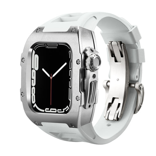 Ken Sailor, Ken Sailor T, T Series, Silver Case, White Band, Apple Watch Case, Apple Watch Ultra, Ultra 49mm, Ultra Accessories, Smartwatch Case, Deployment Clasp, Men's Fashion, Gift For Him, Luxury Watch Mod, Premium Tech, Protective Case, Silicone Band
