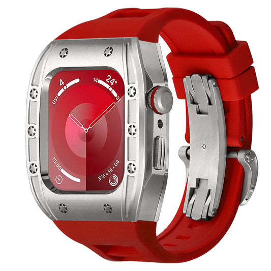 Ken Sailor S3 Apple Watch case in brushed silver alloy with star-screw tactical bezel, paired with a crimson red performance strap and stainless deployment clasp, styled to resemble a luxury sport chronograph.