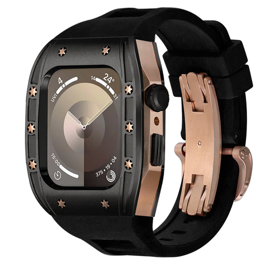 Ken Sailor S3 Apple Watch case in matte-black bezel with star screws, brushed rose gold chassis and onyx black performance strap featuring a rose gold deployment clasp, converting the Apple Watch into a luxury sport timepiece.