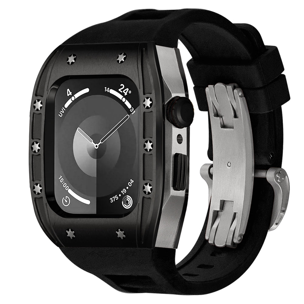 Ken Sailor S3 Apple Watch case in matte black bezel and brushed silver body, shown with an onyx black performance strap and stainless steel deployment clasp, transforming the Apple Watch into a rugged sport-lux timepiece on a black band.
