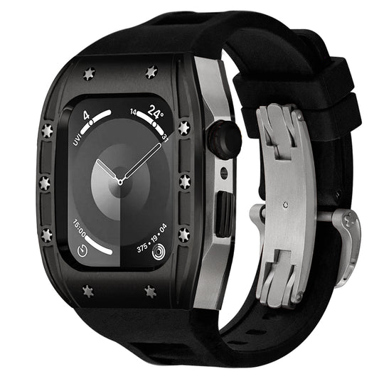 Ken Sailor S3 Apple Watch case in matte black bezel and brushed silver body, shown with an onyx black performance strap and stainless steel deployment clasp, transforming the Apple Watch into a rugged sport-lux timepiece on a black band.