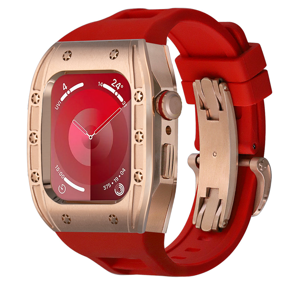 Ken Sailor S3 Apple Watch conversion with brushed rose alloy case, star-screw bezel, crimson red strap, and stainless deployment clasp for luxury design wea