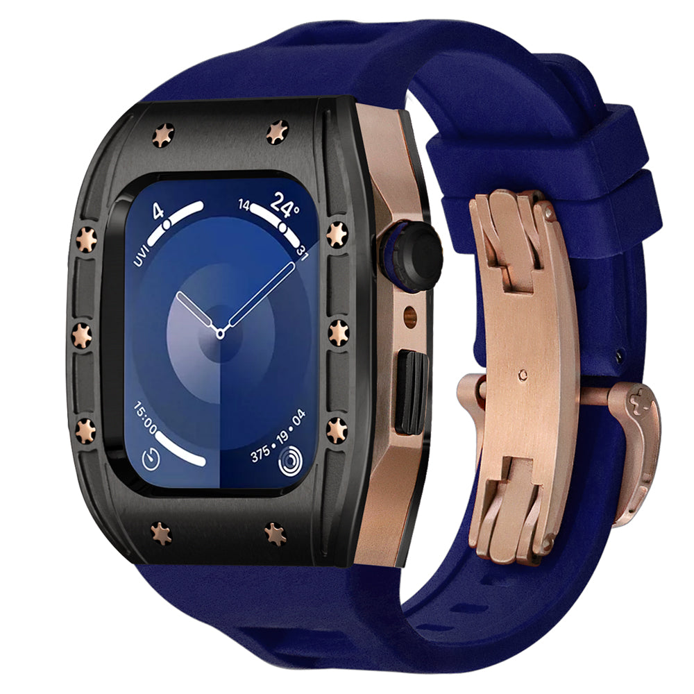 Ken Sailor S3 smartwatch conversion with black bezel, rose case, navy strap, and rose deployment clasp.