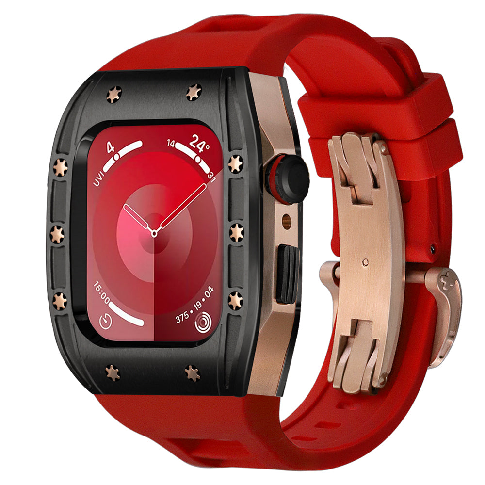 Ken Sailor S3 smartwatch conversion with black bezel, rose mid-body, and red strap with deployment clasp.