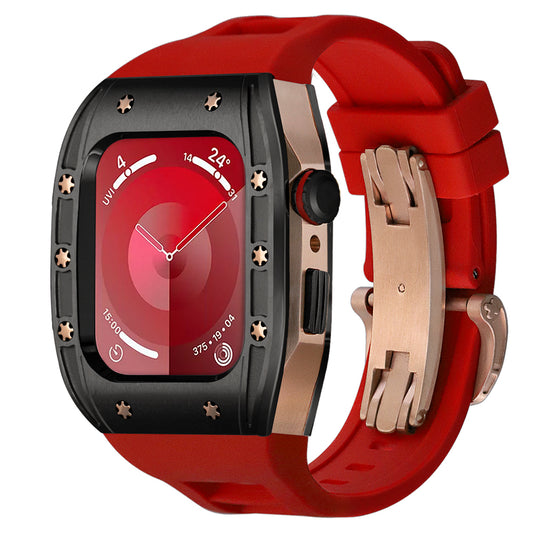 Ken Sailor S3 smartwatch conversion with black bezel, rose mid-body, and red strap with deployment clasp.
