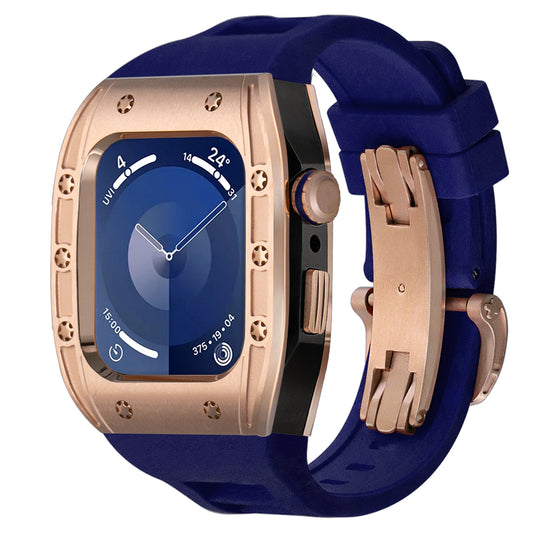 Ken Sailor S3 smartwatch conversion in rose gold bezel with black mid-case, navy strap, and rose gold deployment clasp