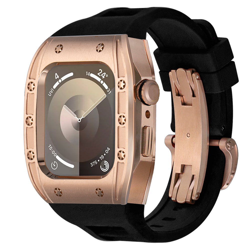 Rose gold alloy smartwatch housing with oversized star-screw bezel, reinforced crown guard, and black silicone strap featuring matching rose clasp — Ken Sailor S3 for Apple Watch Ultra.