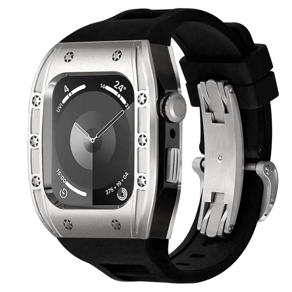 S3 dual-tone silver and black protective alloy housing with black silicone band for Apple Watch Ultra. Rugged, tactical, and premium metal clasp hardware.