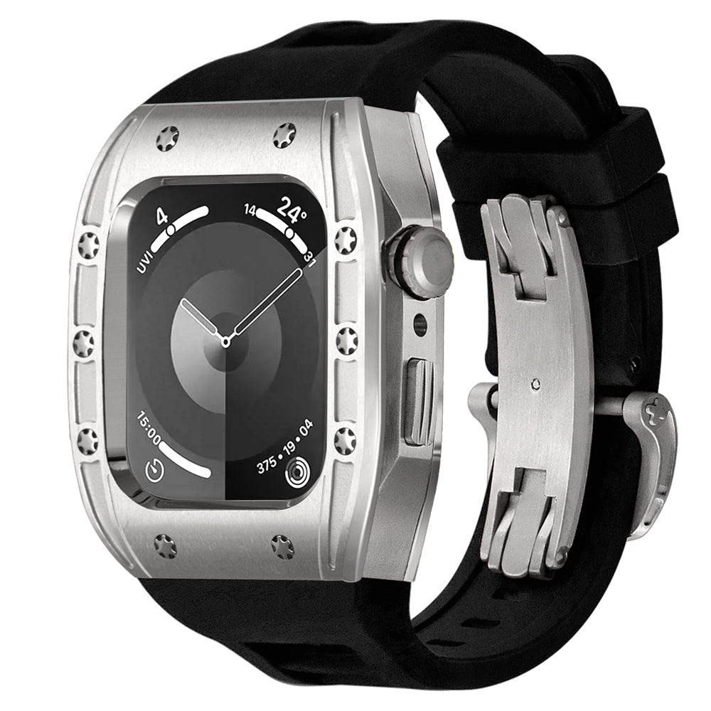 Silver alloy smartwatch protective housing with black silicone strap and metal clasp displayed as Ken Sailor S3 Silver Body Black Band for Apple Watch Ultra.