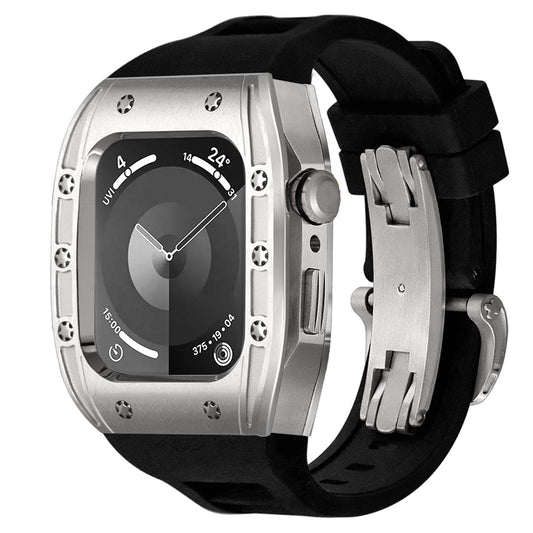 Silver alloy smartwatch protective housing with black silicone strap and metal clasp displayed as Ken Sailor S3 Silver Body Black Band for Apple Watch Ultra.